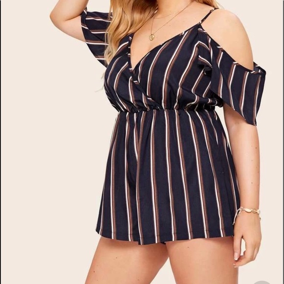 •NEW•1X-3X•SHERRY STRIPED OPEN SHOULDER ROMPER•NWT - Picture 2 of 12